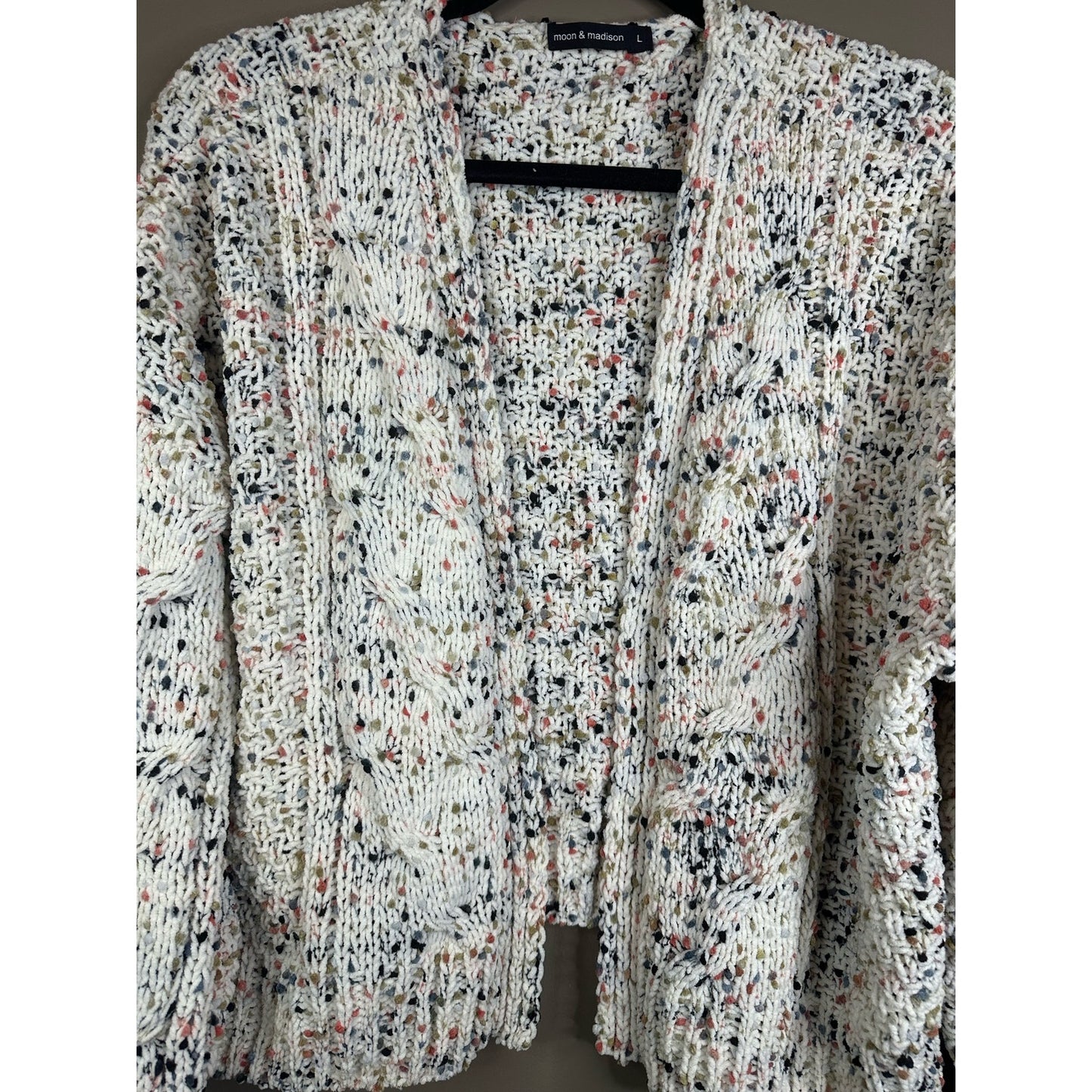 Moon & Madison Confetti Crocheted Chenille Open Front Cardigan White Size Large