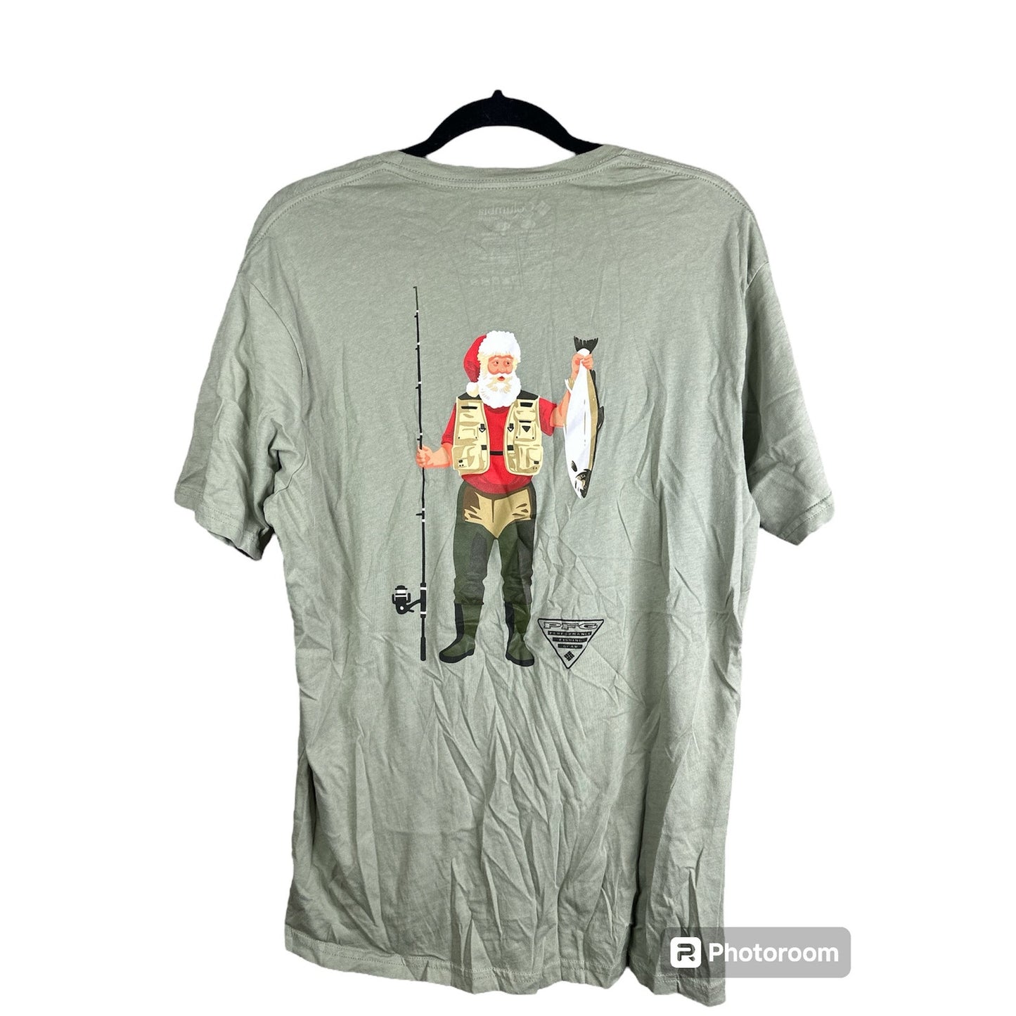 Columbia PFG Santa Claus Fishing Short Sleeve Light Green T-Shirt Size Large