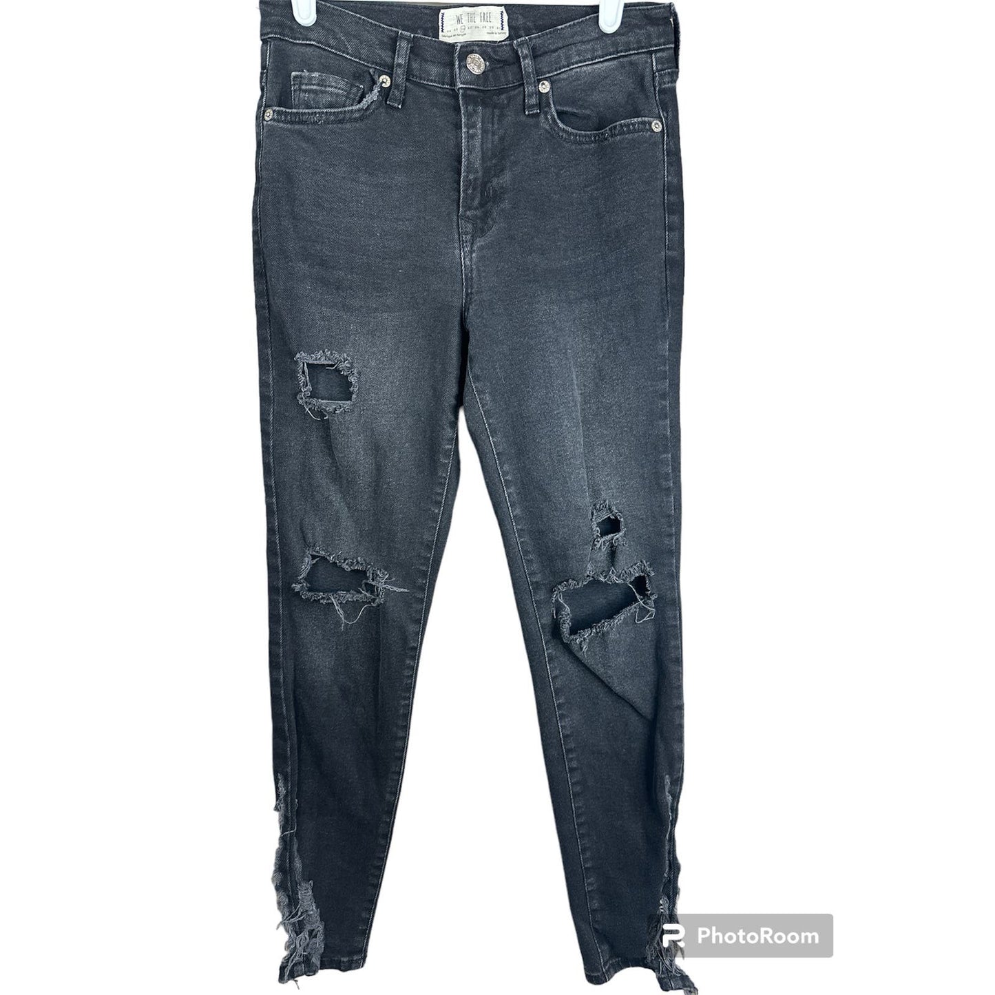 We The Free Black Super Distressed Skinny Jeans Side Slits Size 26