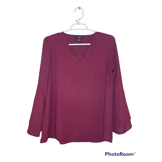 Alfani Maroon Purple Long Bell Sleeve V Neck Blouse Size 2
