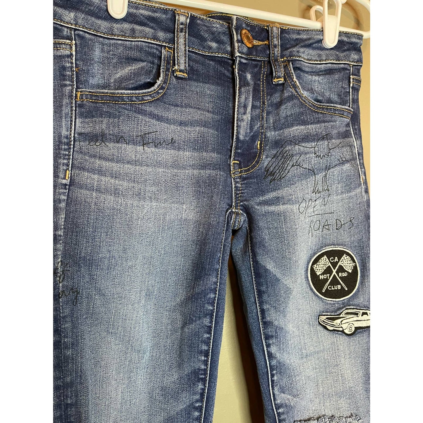 American Eagle Jegging Hot Rod Super Stretch Car Patch Distressed Jeans Size 2L