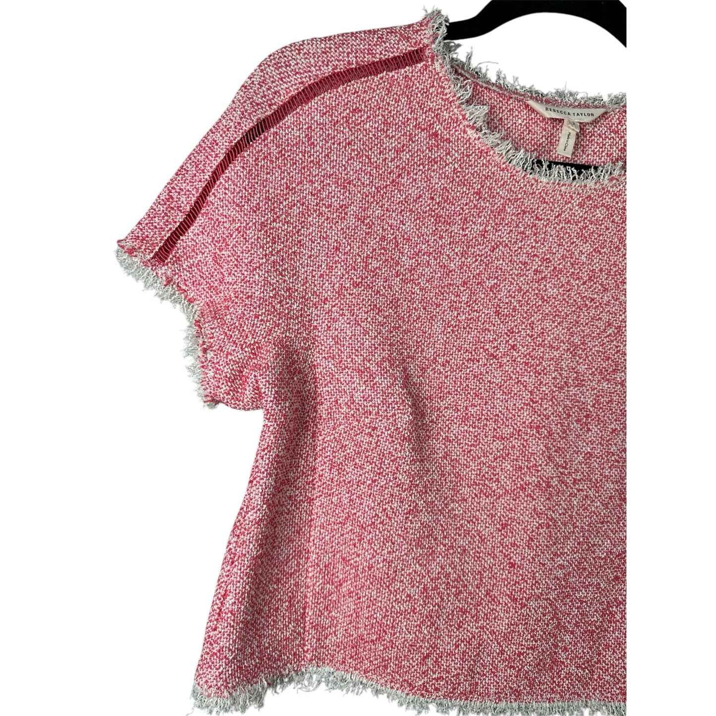 Rebecca Taylor Pink Coral Tweed Short Sleeve Fringe Raw Hem Crop Blouse Size 2
