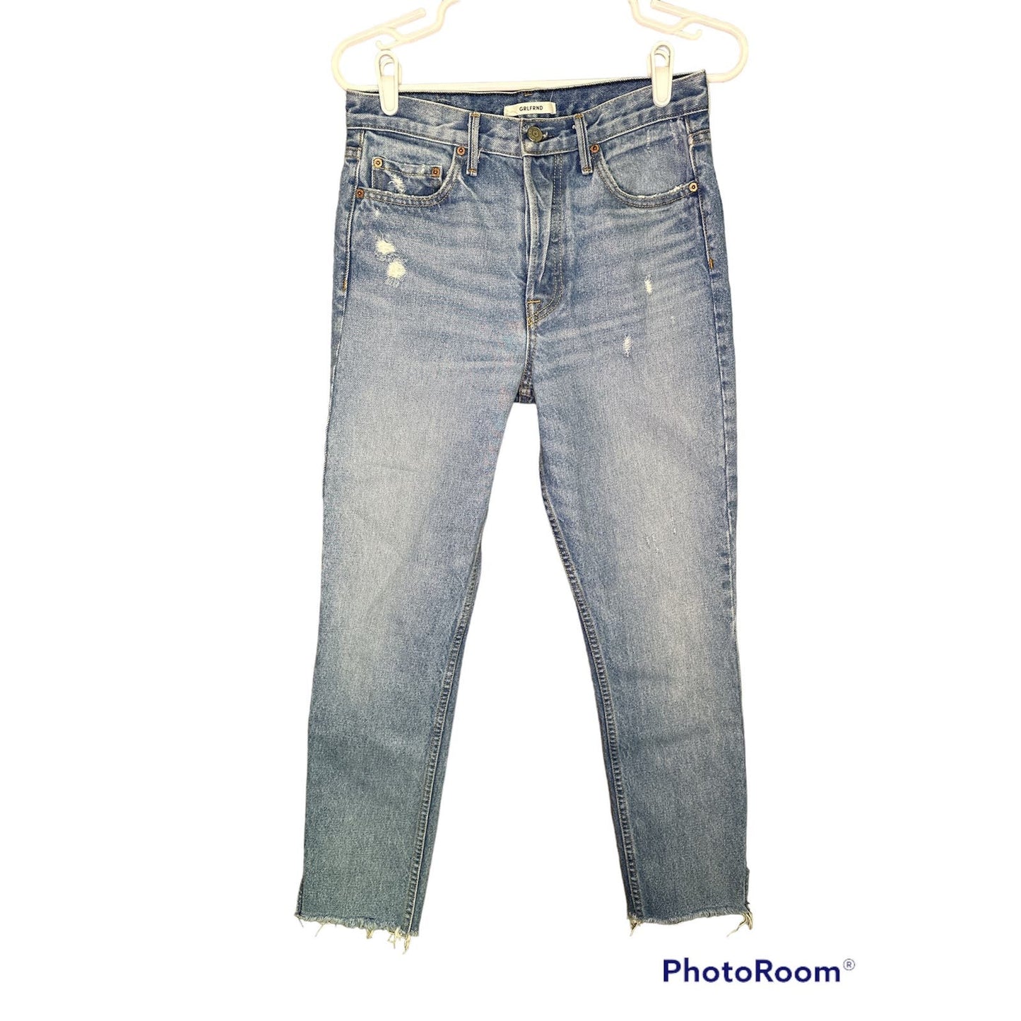 GRLFRND Karolina Butterfly Button Raw Hem Light Wash Jeans Size 27