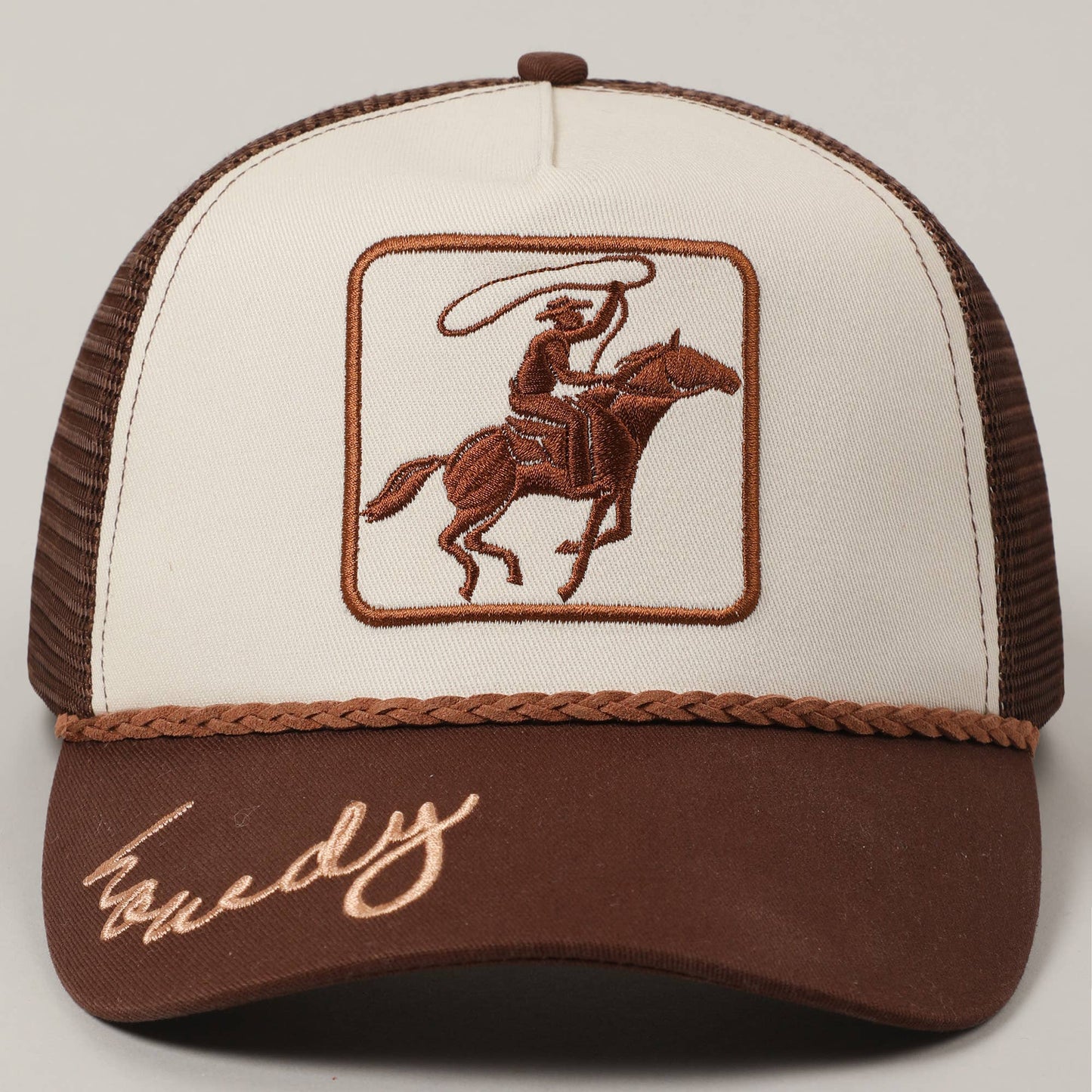 'Ride 'Em Cowboy' Howdy Brown Embroidered Mesh Back Baseball Hat