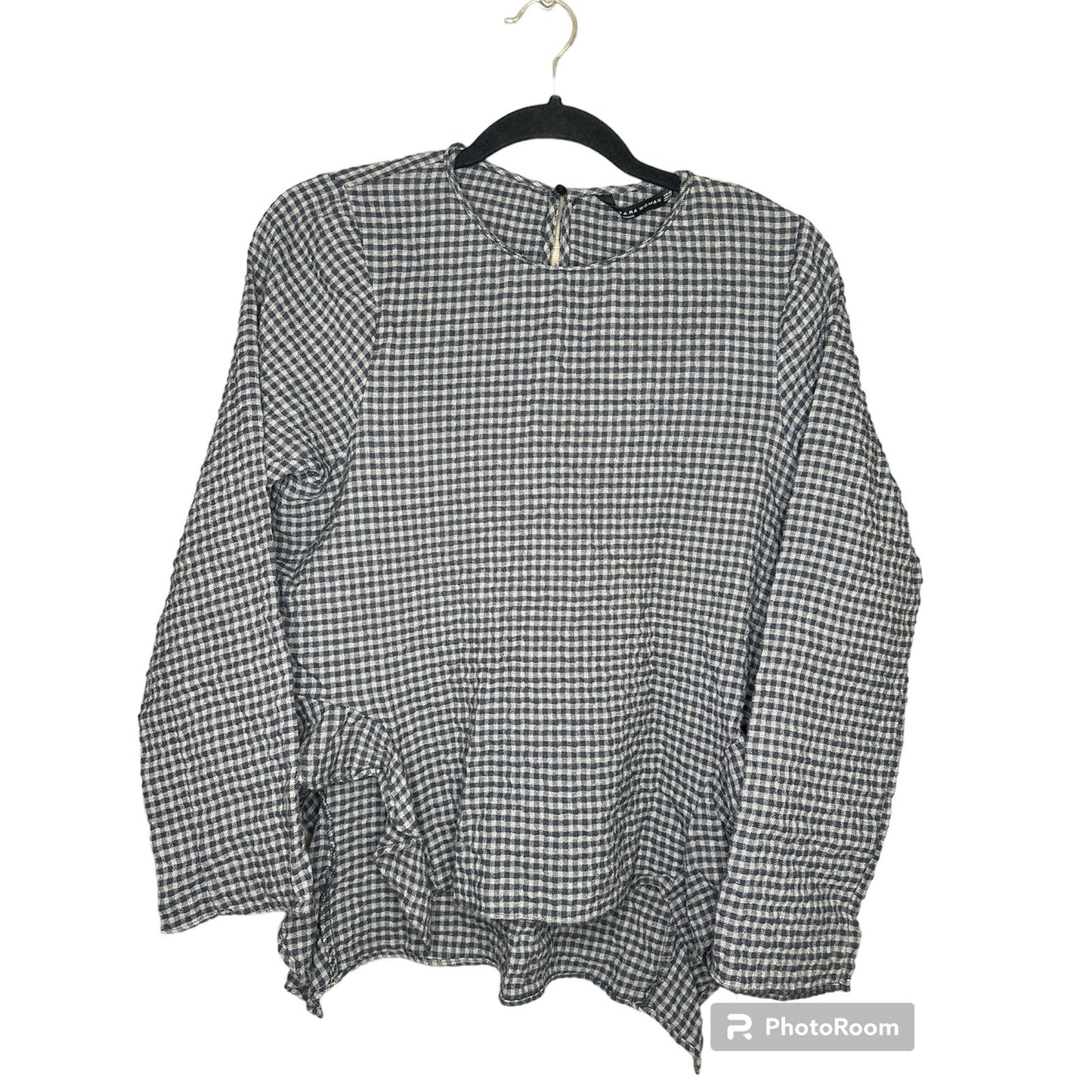 Zara Gingham Long Sleeve Grey Black Ruffle Hi Lo Blouse Size XS