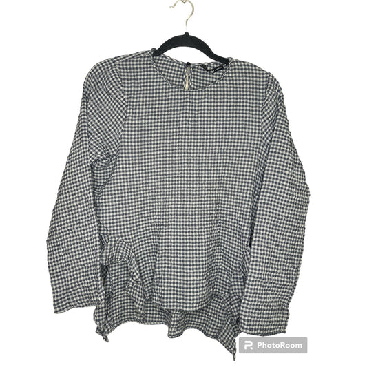 Zara Gingham Long Sleeve Grey Black Ruffle Hi Lo Blouse Size XS