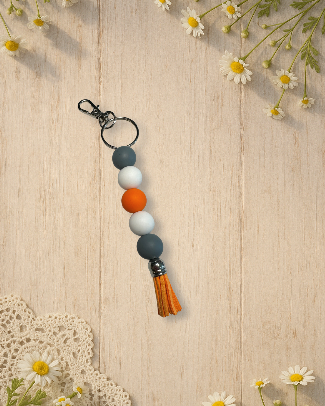 grey+white+oraange+orange tassel silicone bead standalone keychain