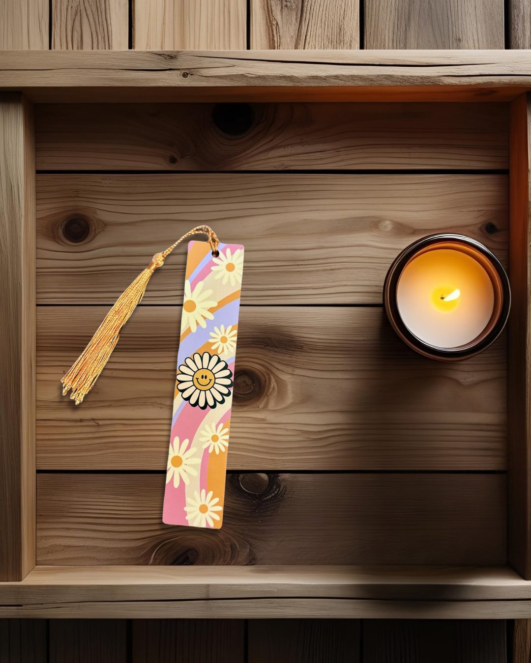 retro floral bookmark with a tassel next to a lit candle on a wooden surface