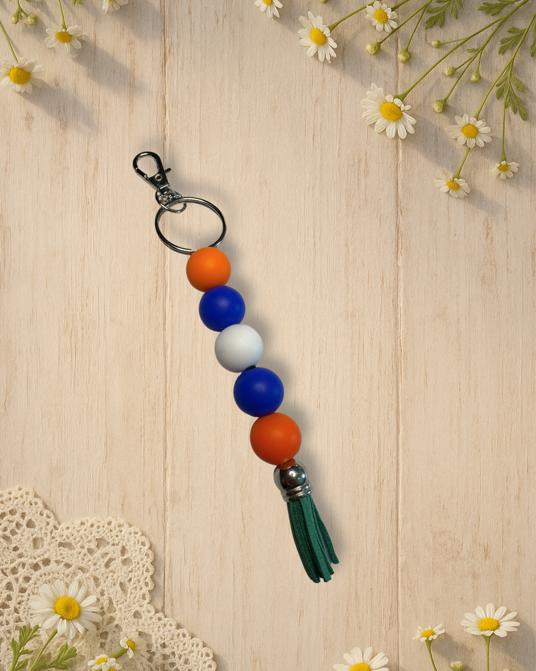 orange+blue+white+green tassel silicone bead standalone keychain