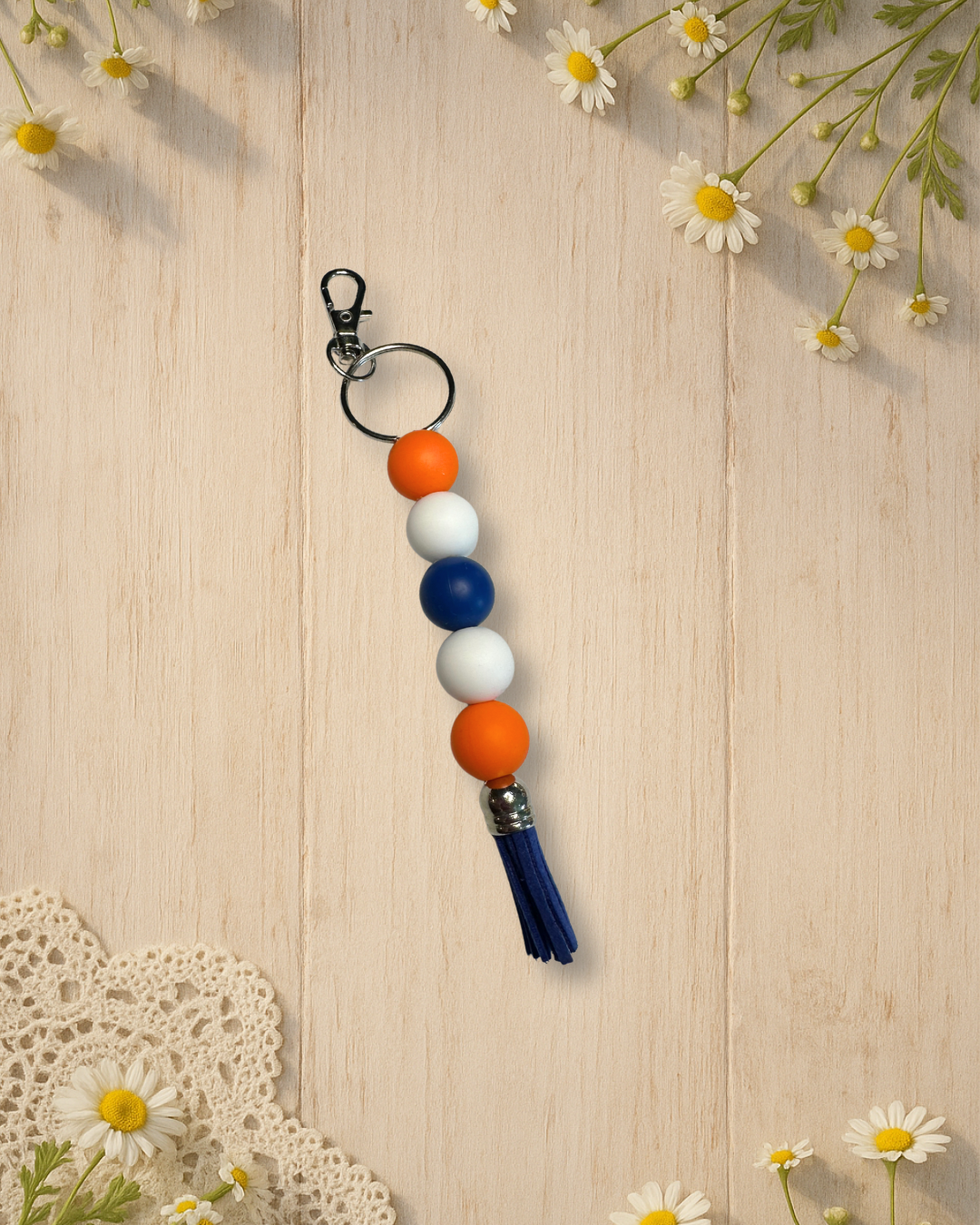 orange+white+blue+blue tassel silione bead standalone keychain