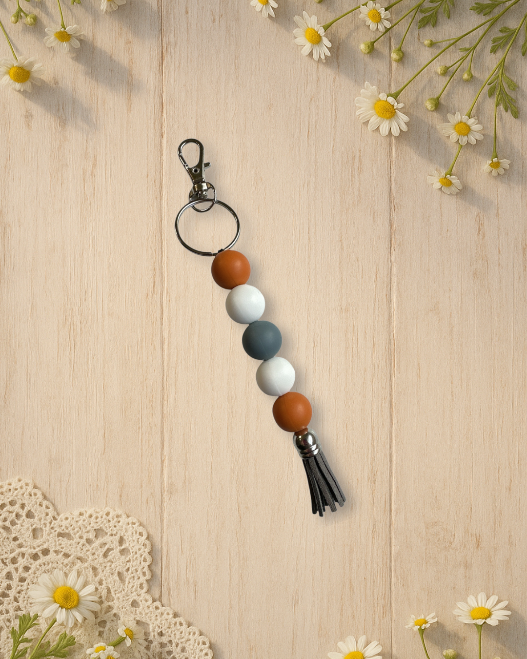 rust orange+white+grey+grey tassel silicone bead standalone keychain