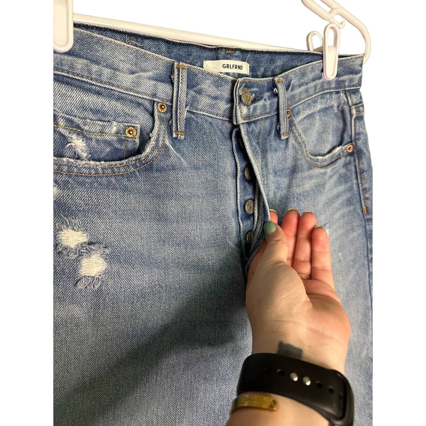 GRLFRND Karolina Butterfly Button Raw Hem Light Wash Jeans Size 27