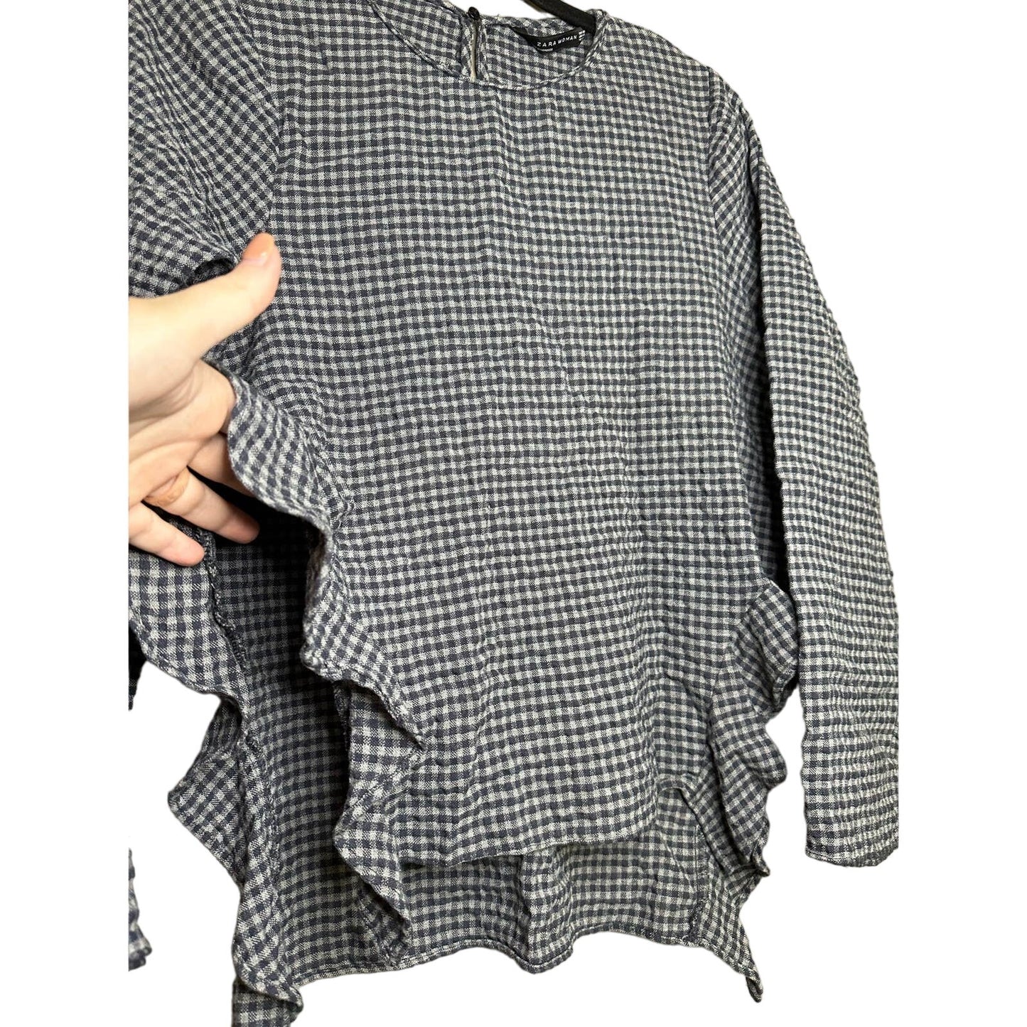 Zara Gingham Long Sleeve Grey Black Ruffle Hi Lo Blouse Size XS