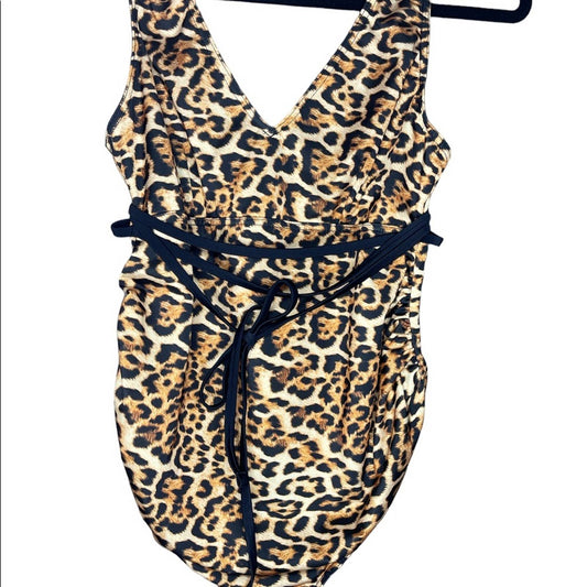 ASOS Leopard Print Black Belted One Piece Deep V Neck Bathing Suit Size 6