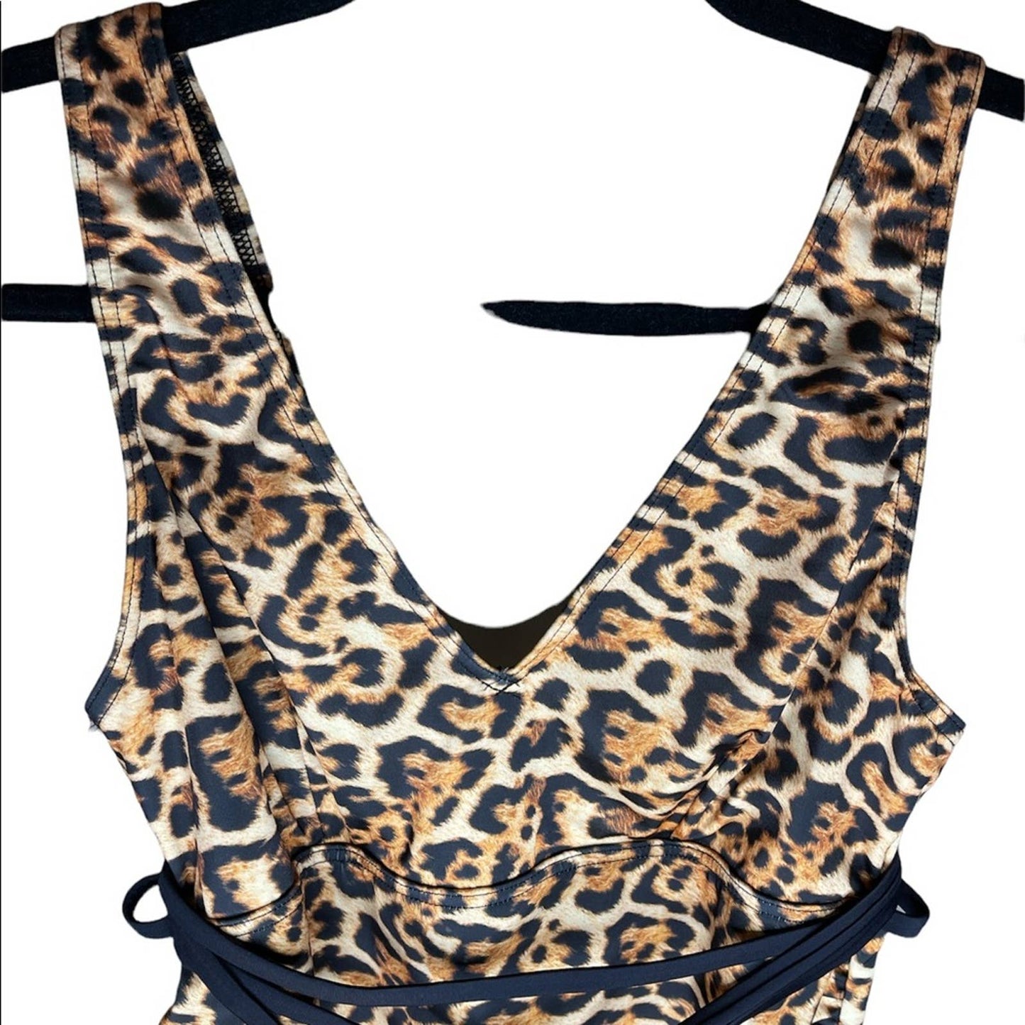ASOS Leopard Print Black Belted One Piece Deep V Neck Bathing Suit Size 6