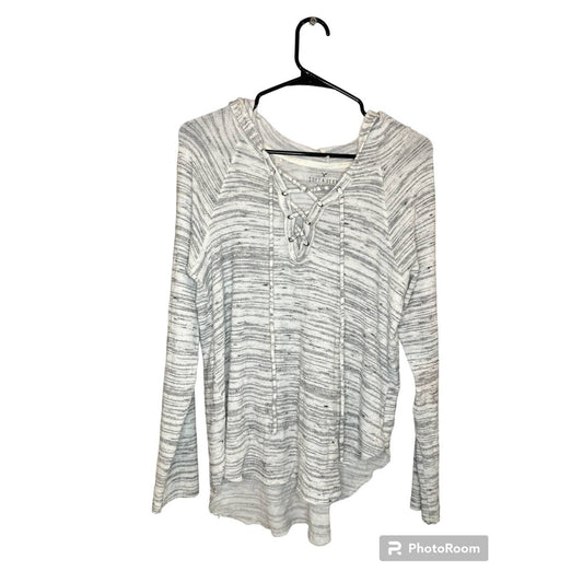 American Eagle Plush Soft Lace Up Long Sleeve Hooded Grey White Size M