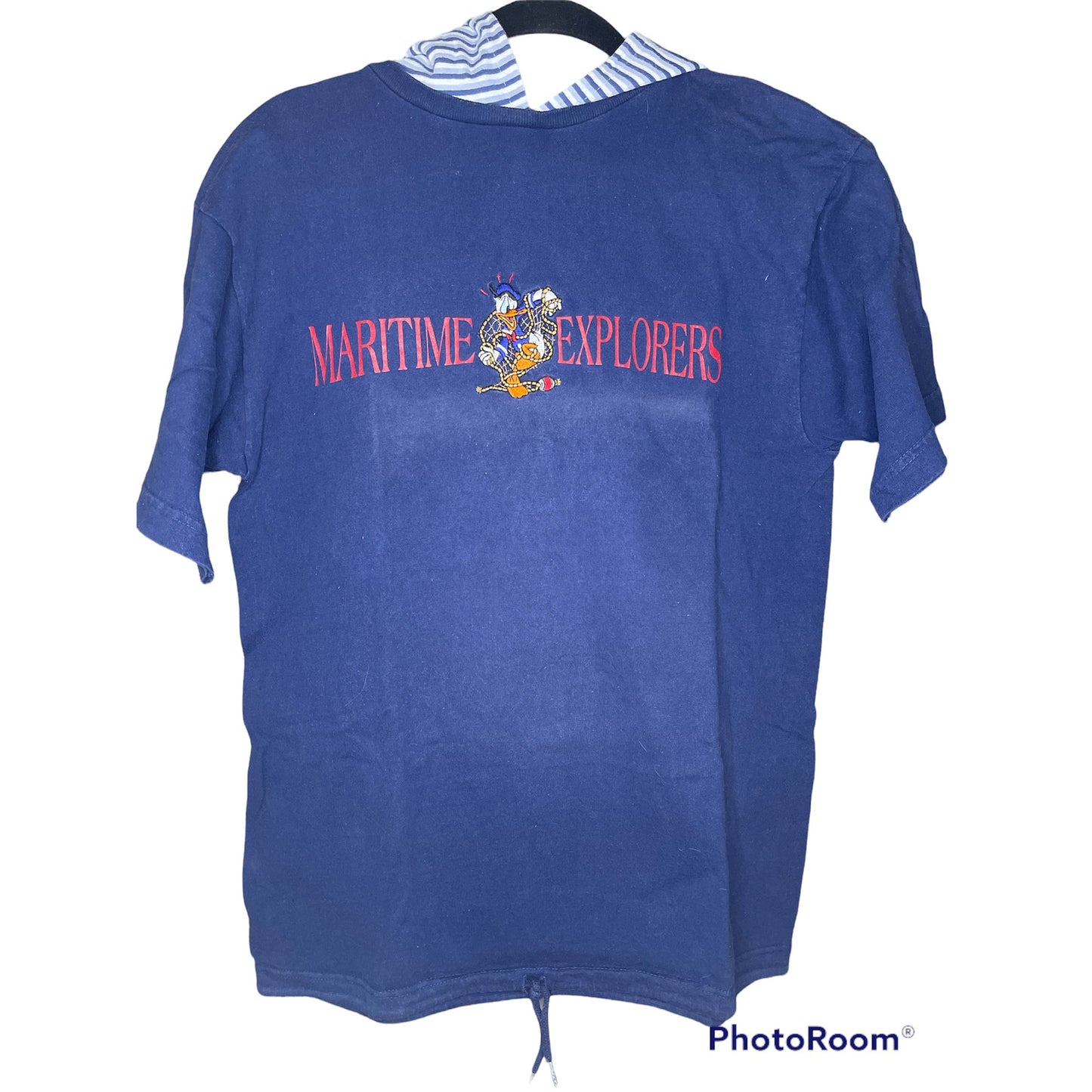 Vintage Disney Blue Short Sleeve Stripe Hood Maritime Explorers Donald Duck S/M