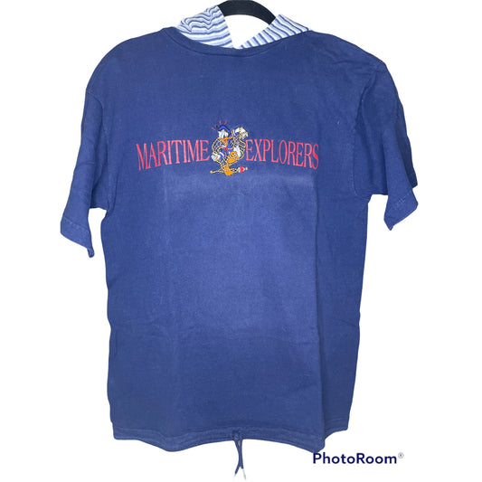 Vintage Disney Blue Short Sleeve Stripe Hood Maritime Explorers Donald Duck S/M