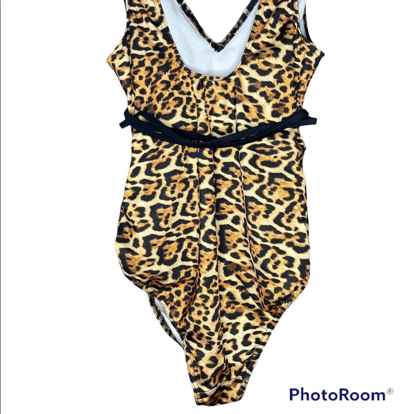 ASOS Leopard Print Black Belted One Piece Deep V Neck Bathing Suit Size 6