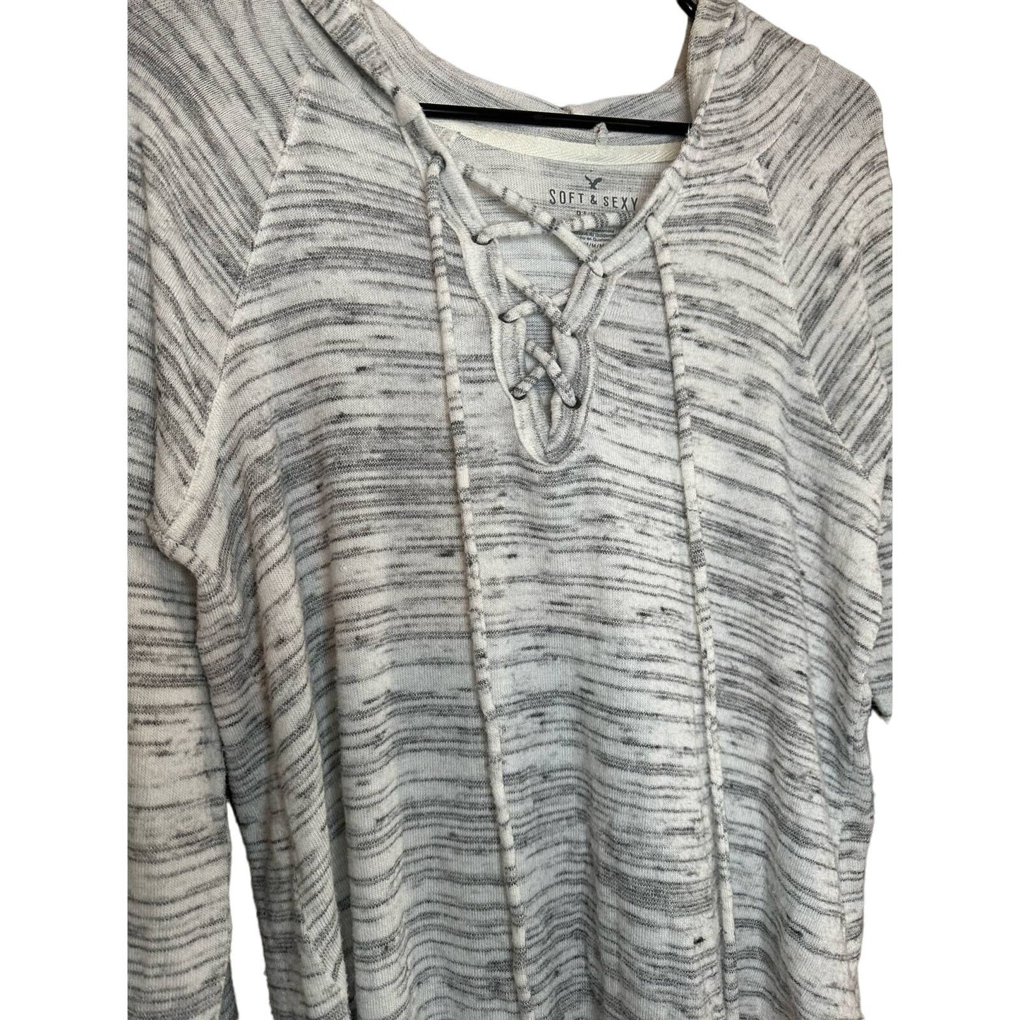 American Eagle Plush Soft Lace Up Long Sleeve Hooded Grey White Size M