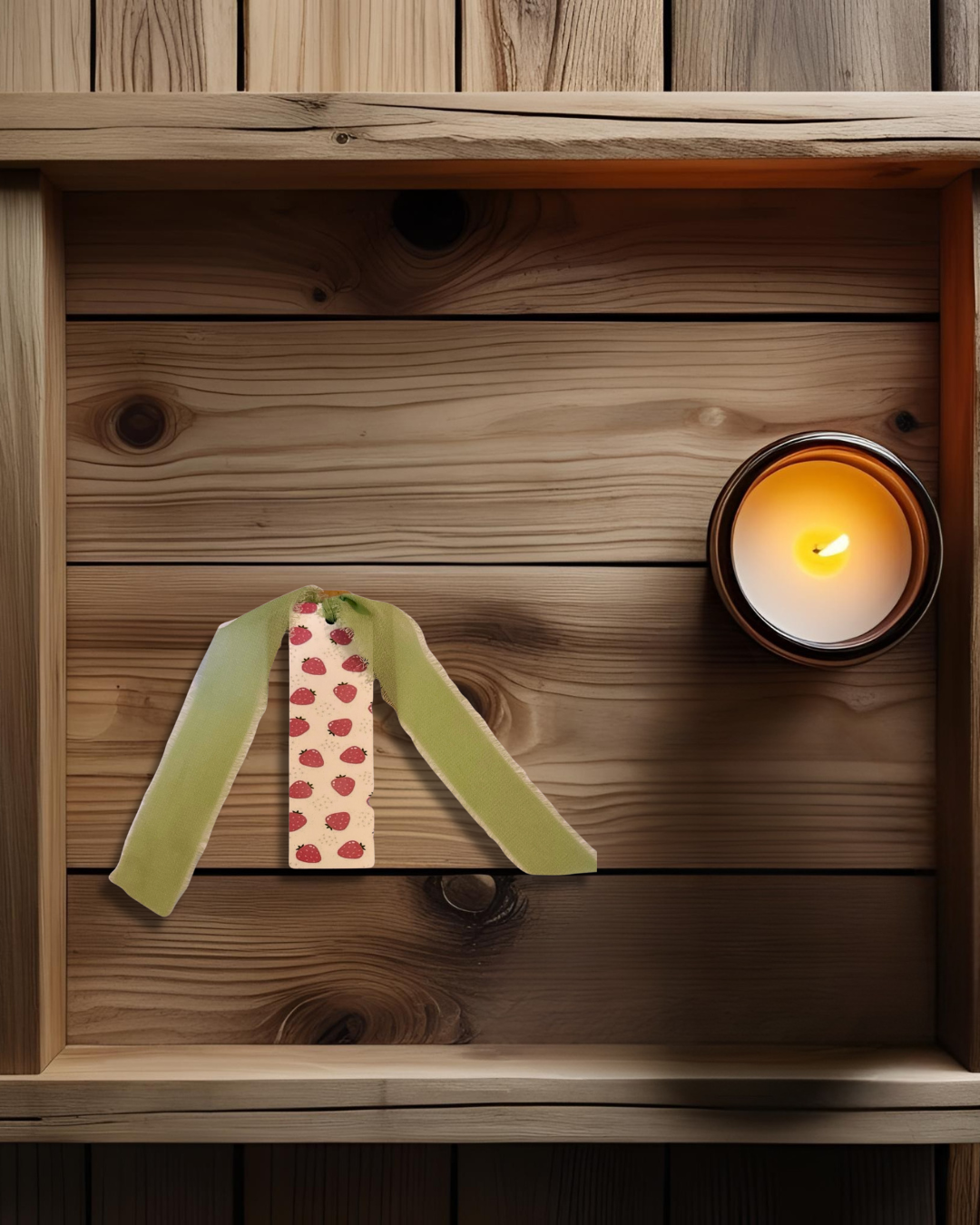 wooden background with a lit candle and a white hardboard bookmark with a strawberry print on it.