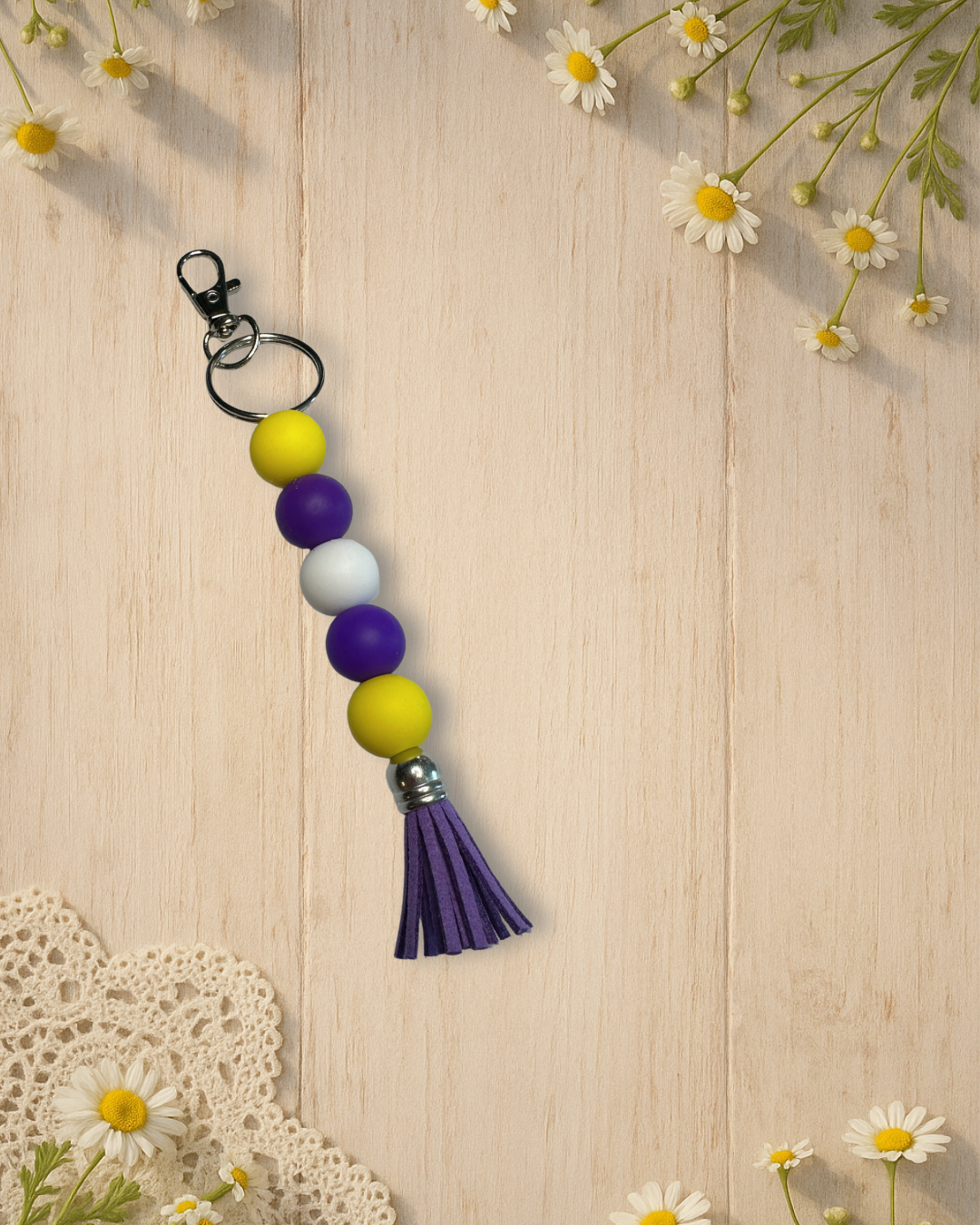 yellow+purple+white+purple tassel silicone bead standalone keychain