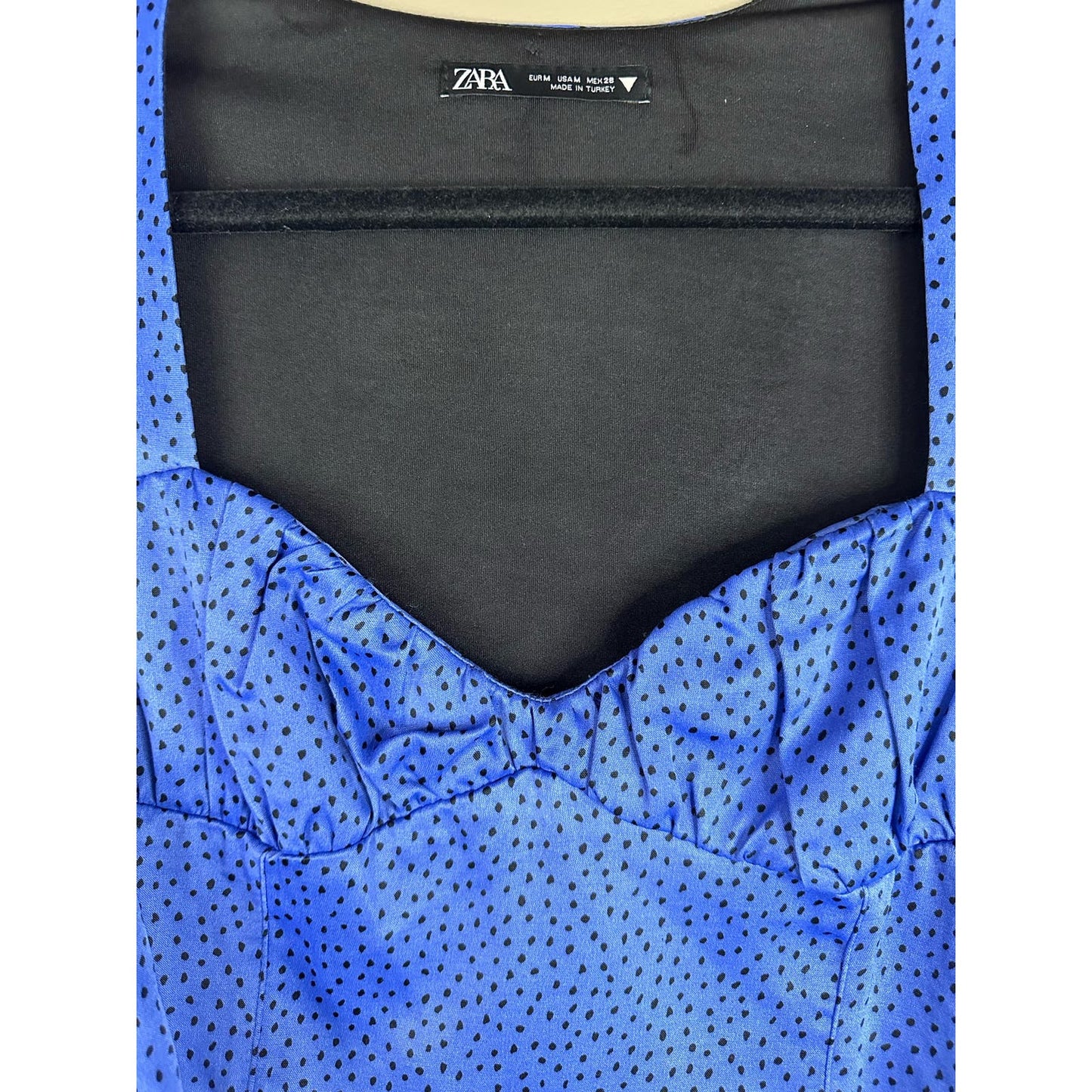 Zara Long Sleeve Dotted Blue Black Cropped Blouse Size Medium