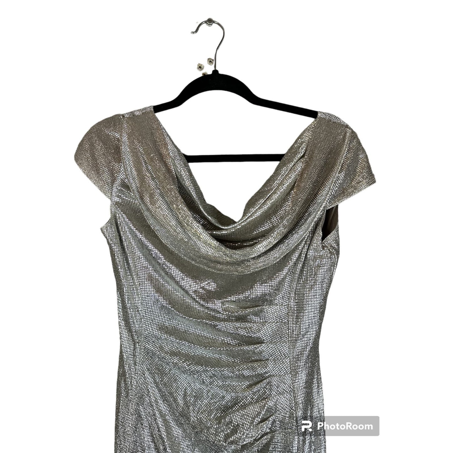 NWT Tahari Short Sleeve Maxi Sheath Silver Shiny Cowl Neck Formal Dress Size 6