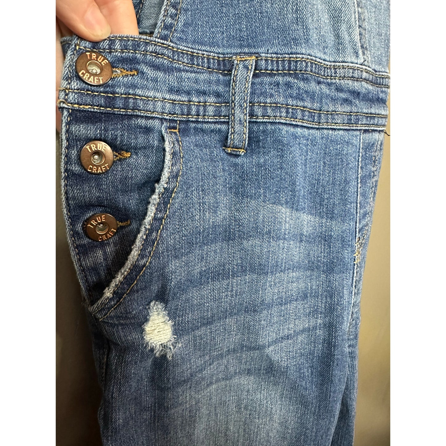 True Craft Blue Jean Denim Distressed Long Pants Adjustable Overall Bibs Size 3