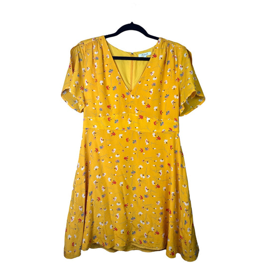 Madewell 'Beladonna' 100% Silk Yellow Floral Print Short Sleeve Dress Size 10