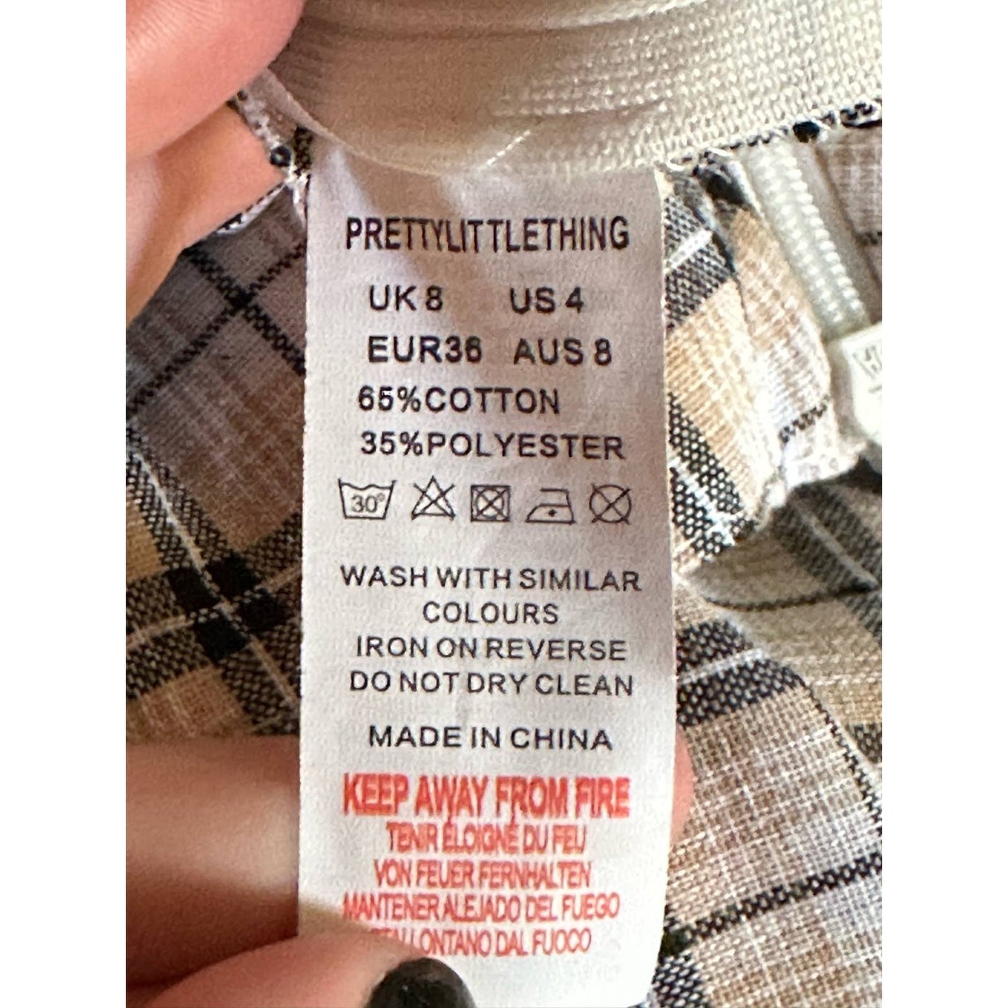 Prettylittlething Beige Plaid Side Zip Up Flare Dress Pants Size 8