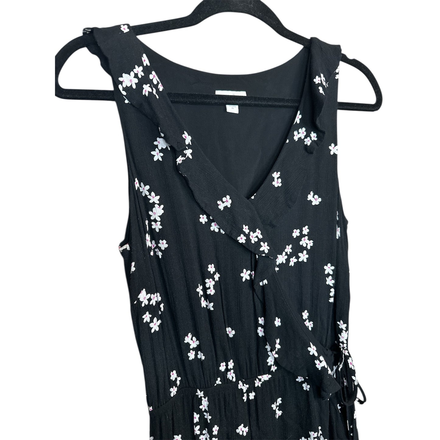 J Jill Black White V-Neck Floral Print Short Sleeve Side Slit Maxi Dress Size XS