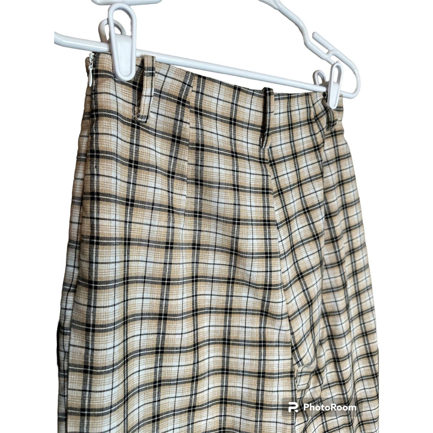 Prettylittlething Beige Plaid Side Zip Up Flare Dress Pants Size 8