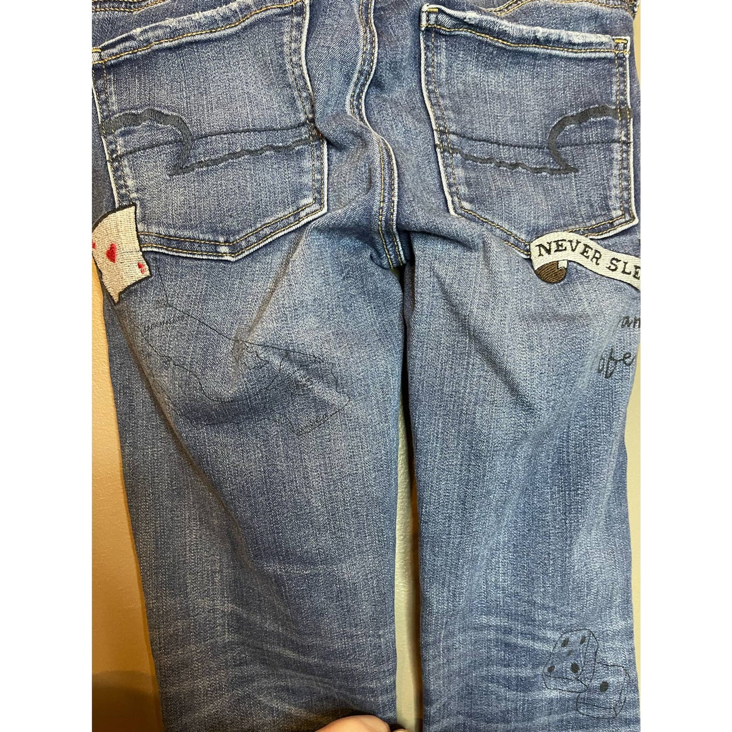 American Eagle Jegging Hot Rod Super Stretch Car Patch Distressed Jeans Size 2L