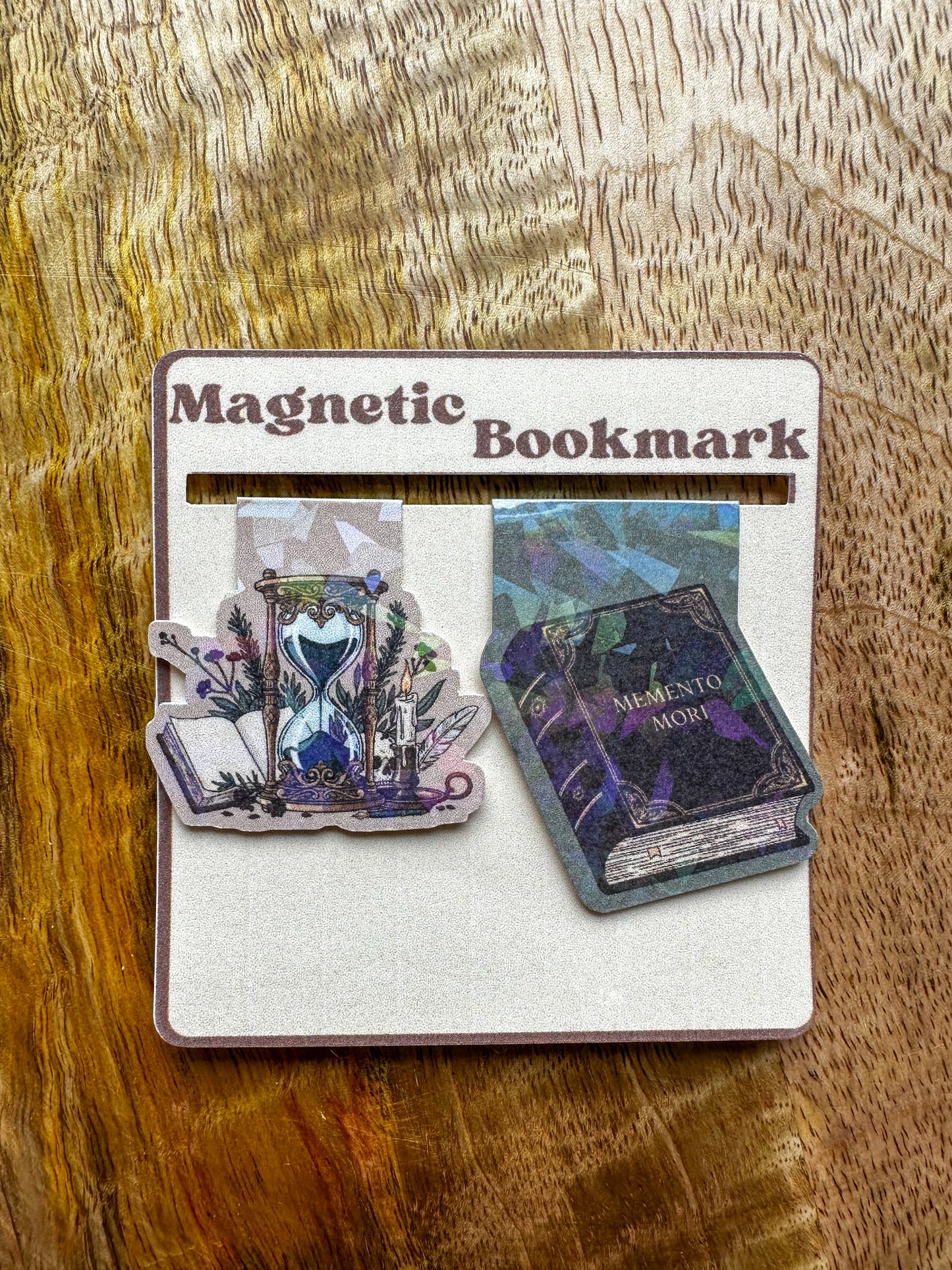 Dark Academia magnetic bookmark set on a wooden surface