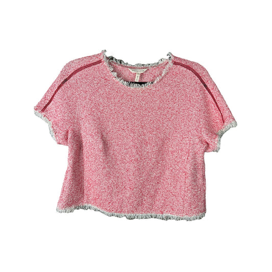 Rebecca Taylor Pink Coral Tweed Short Sleeve Fringe Raw Hem Crop Blouse Size 2