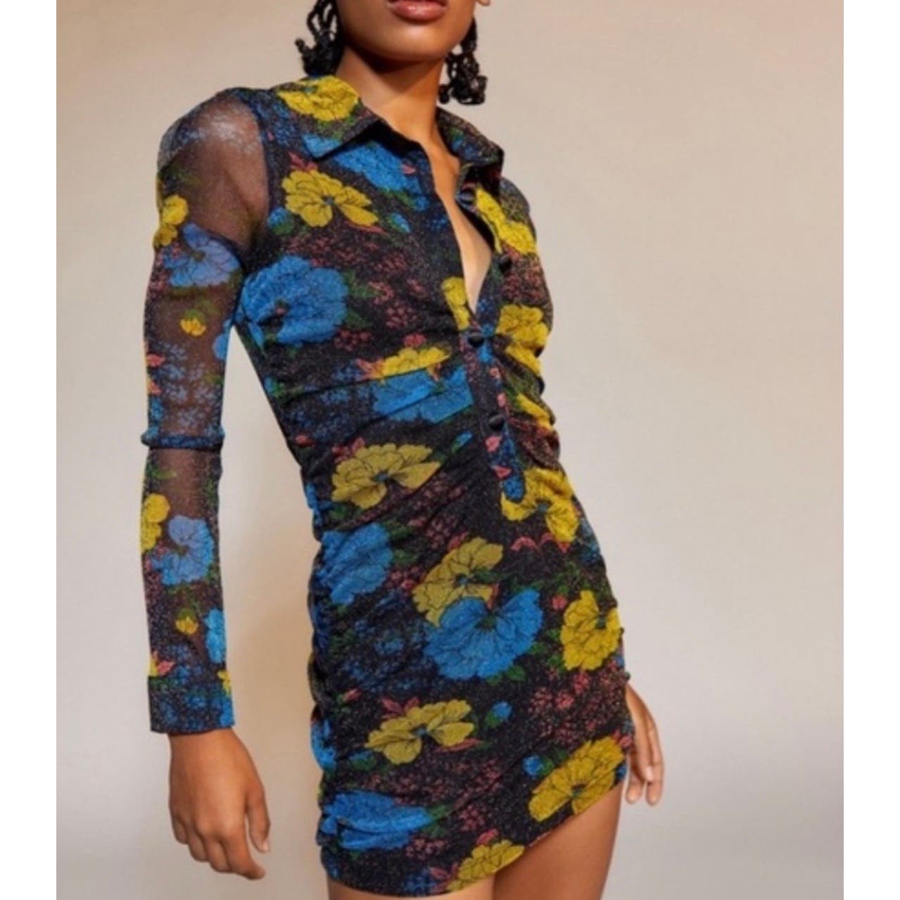 Urban Outfitters Long Sleeve Floral Print Black Bodycon Scrunch Dress Size XS
