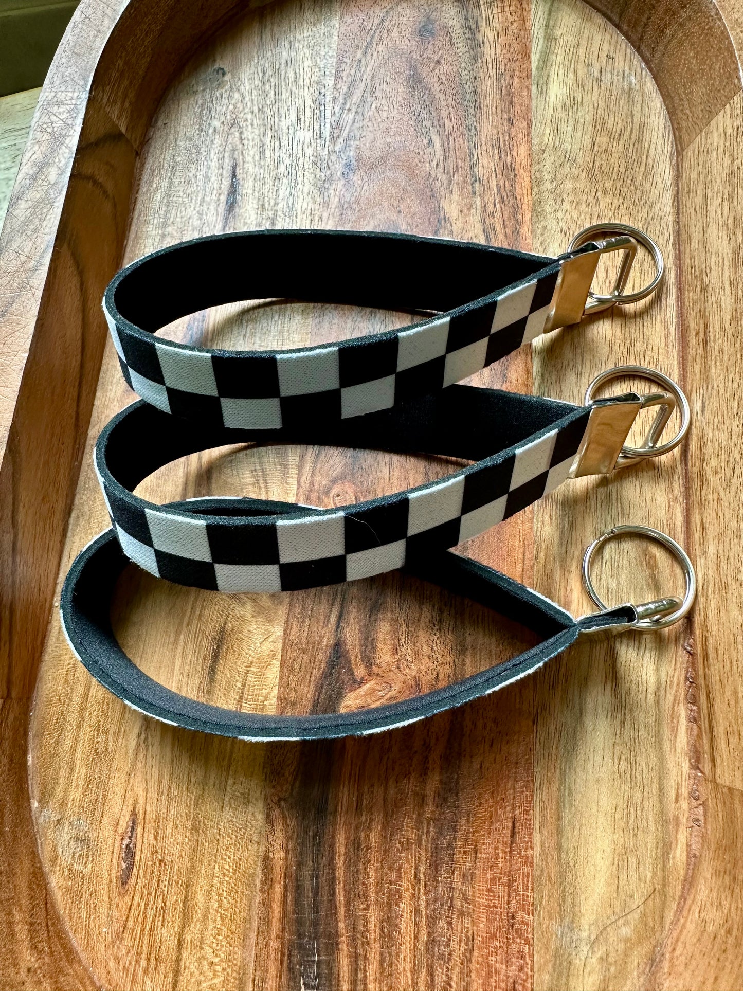 Neoprene key fob designed with checkered print on the front only