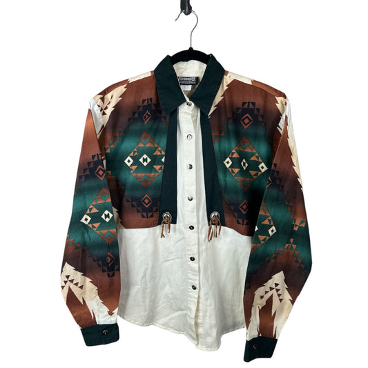 Vintage RoughRider Western Tassel Long Sleeve Button Down White Teal Size L