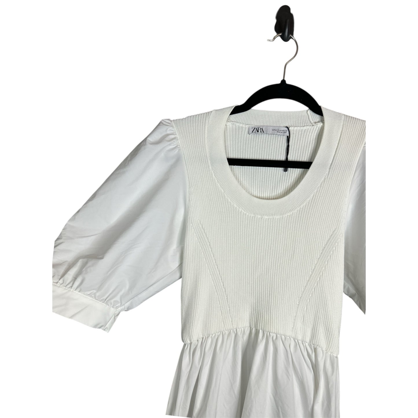 Zara NWOT White Short Puff Sleeve Scoop Neck Midi Fit Flare Dress Size Medium