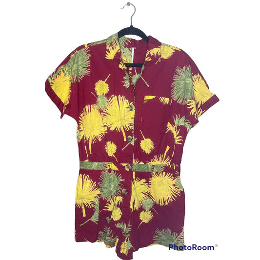 maroon and yellow free people button down short sleeve romper- front