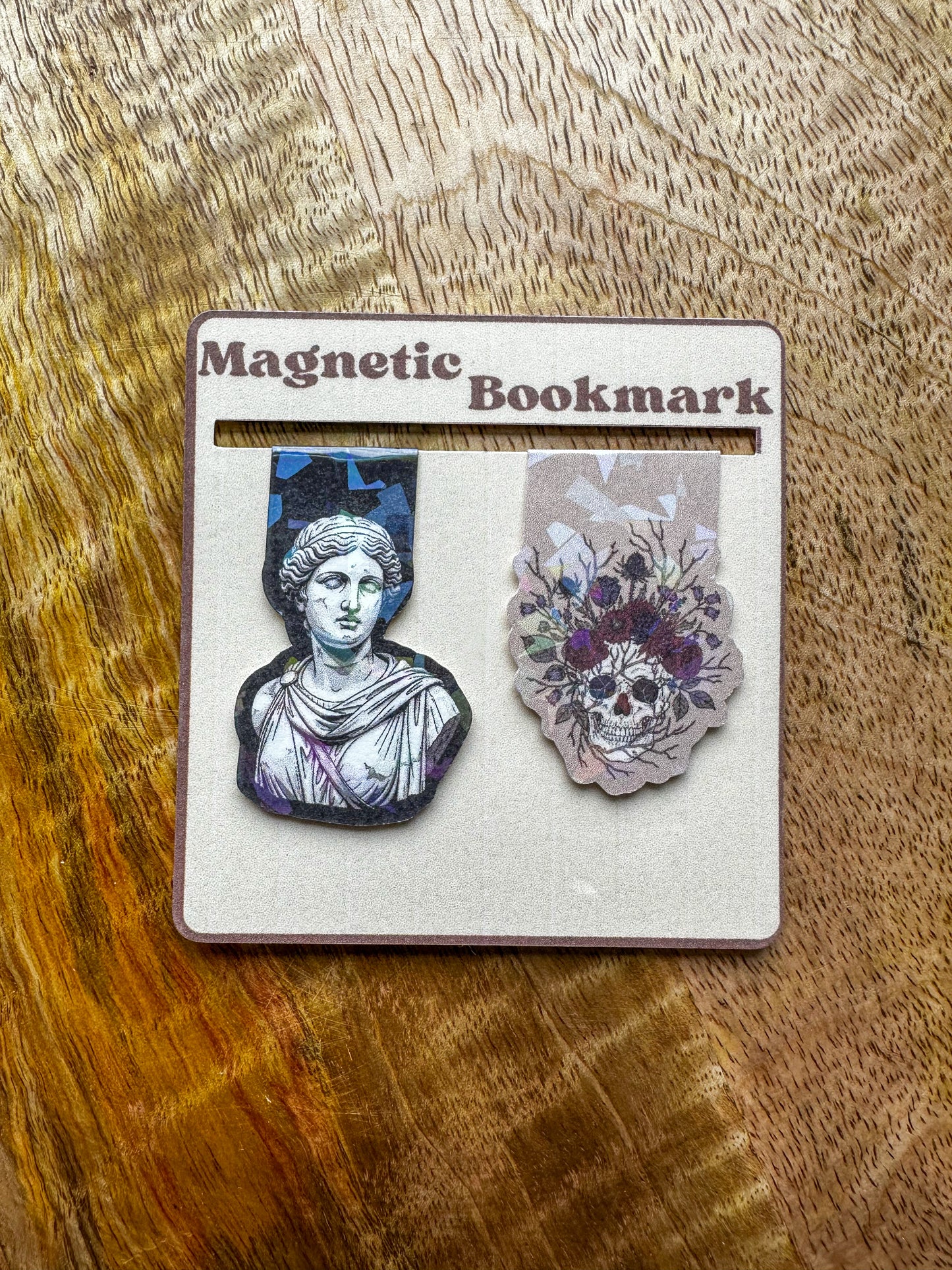 Dark Academia magnetic bookmark set on a wooden surface