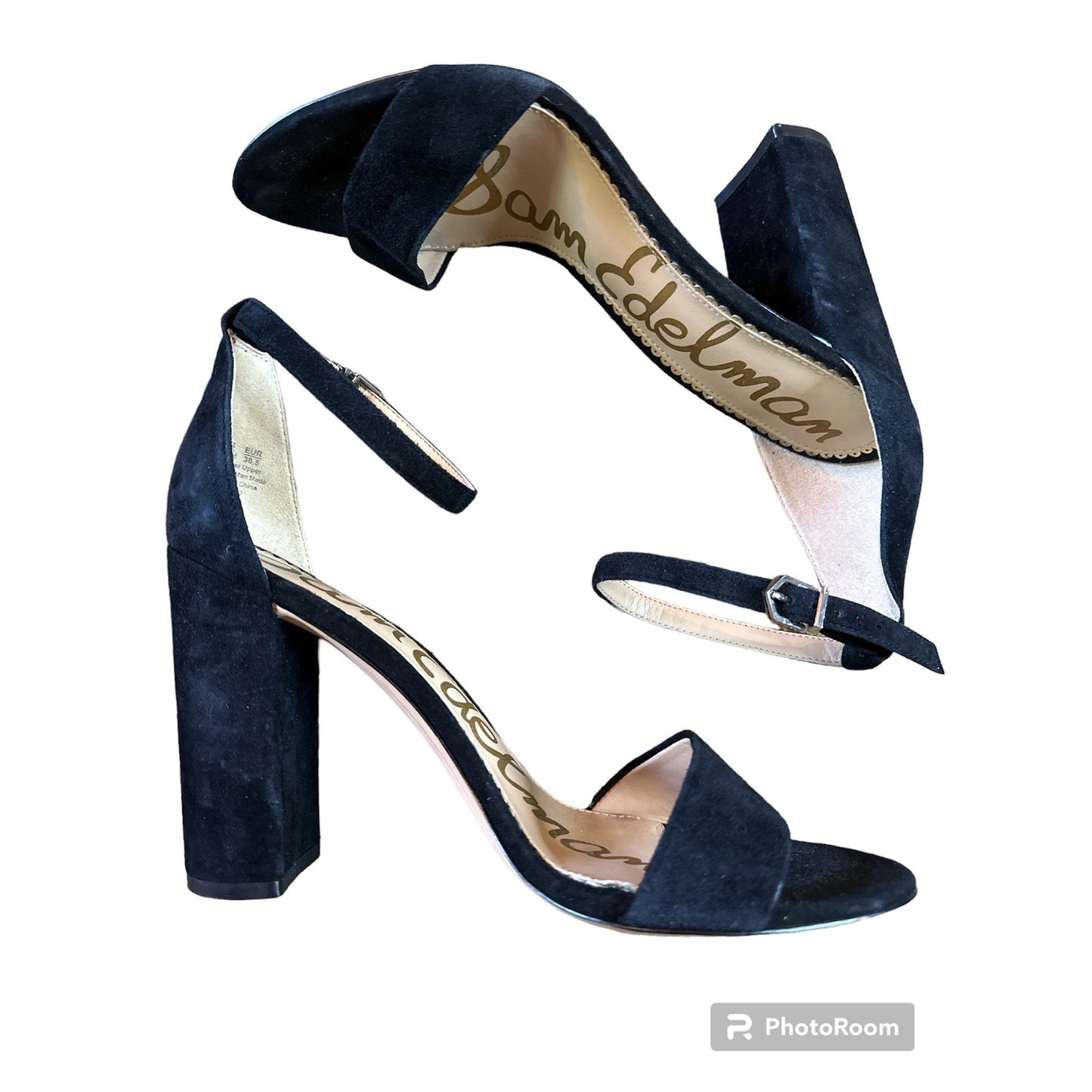 Sam Edelman Synthia Suede Chunky Heel Slip On Sandal Black Strap Heels Size 8.5