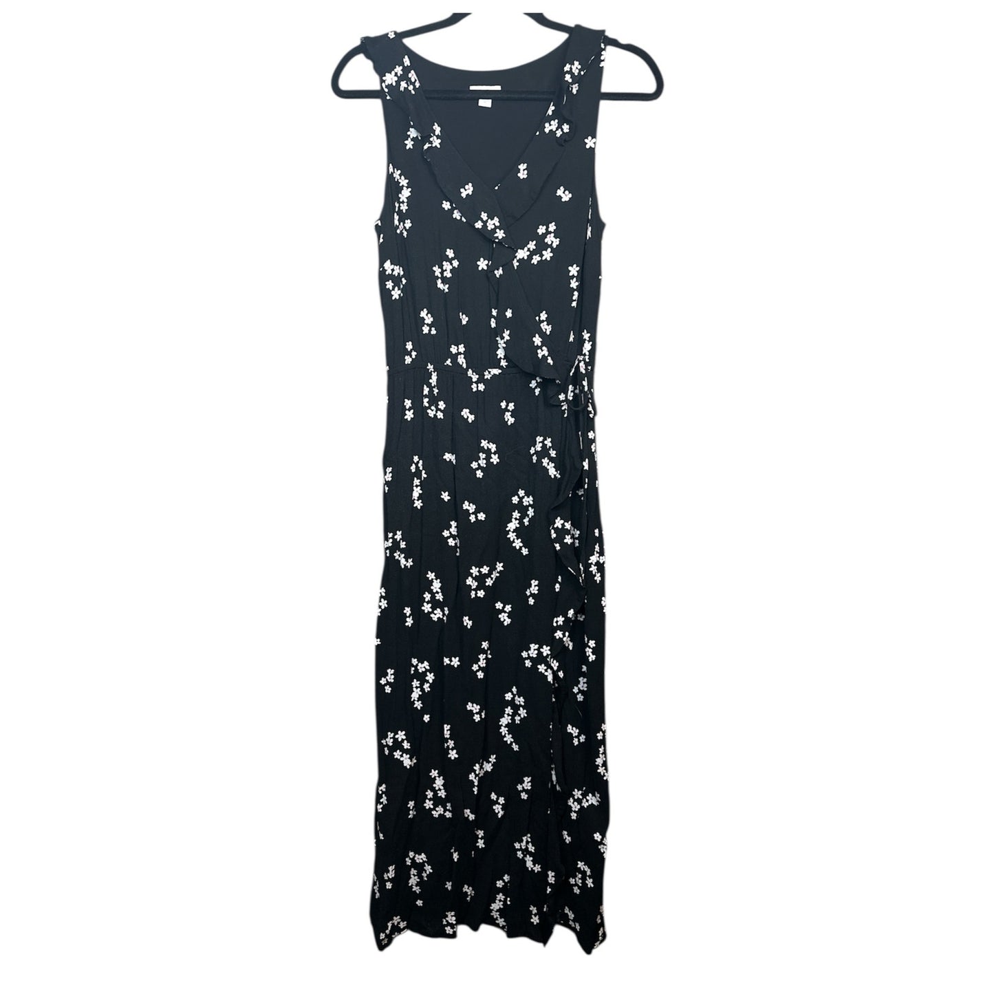 J Jill Black White V-Neck Floral Print Short Sleeve Side Slit Maxi Dress Size XS