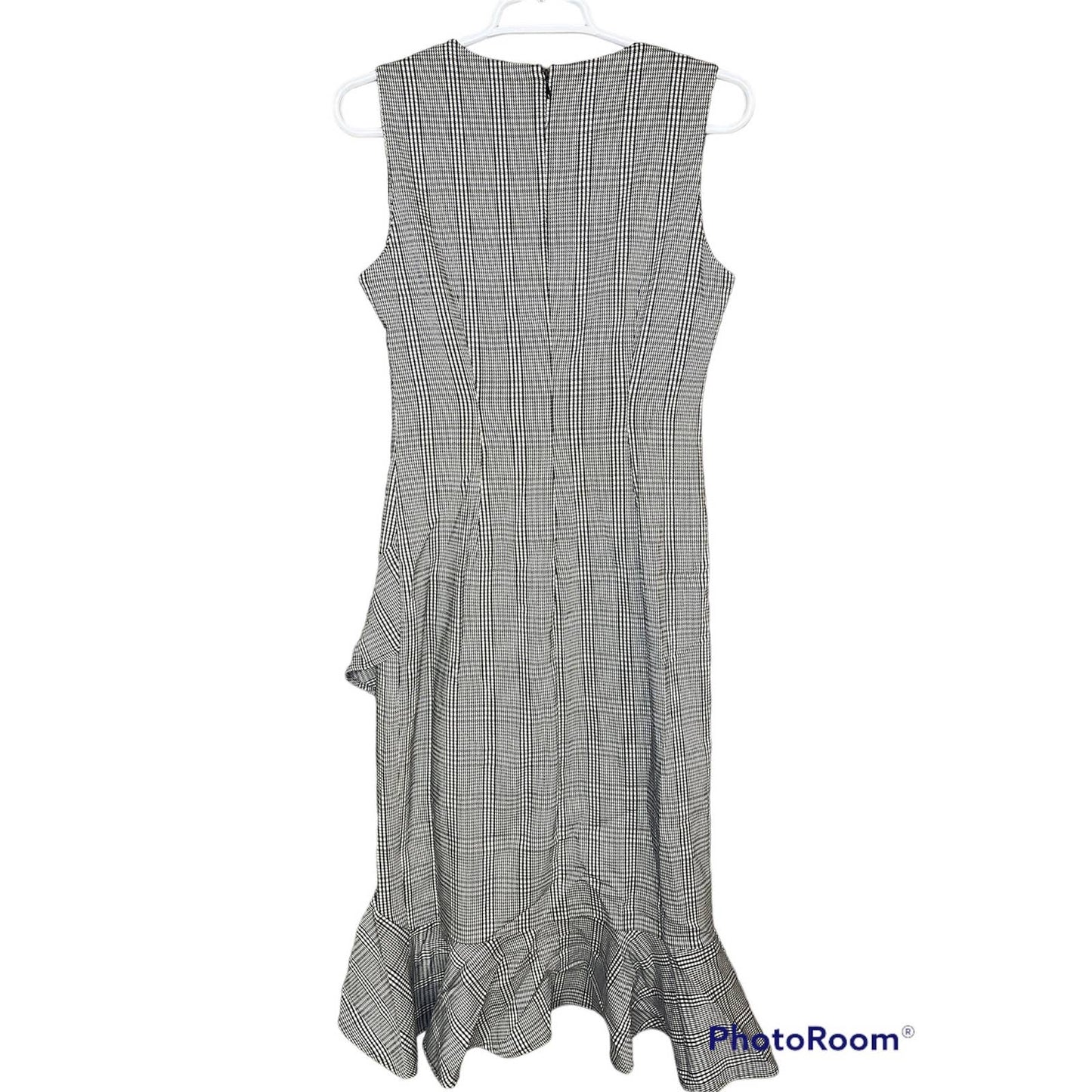 Calvin Klein Sleeveless Houndstooth Black White Ruffle Hem Sheath Dress Size 6