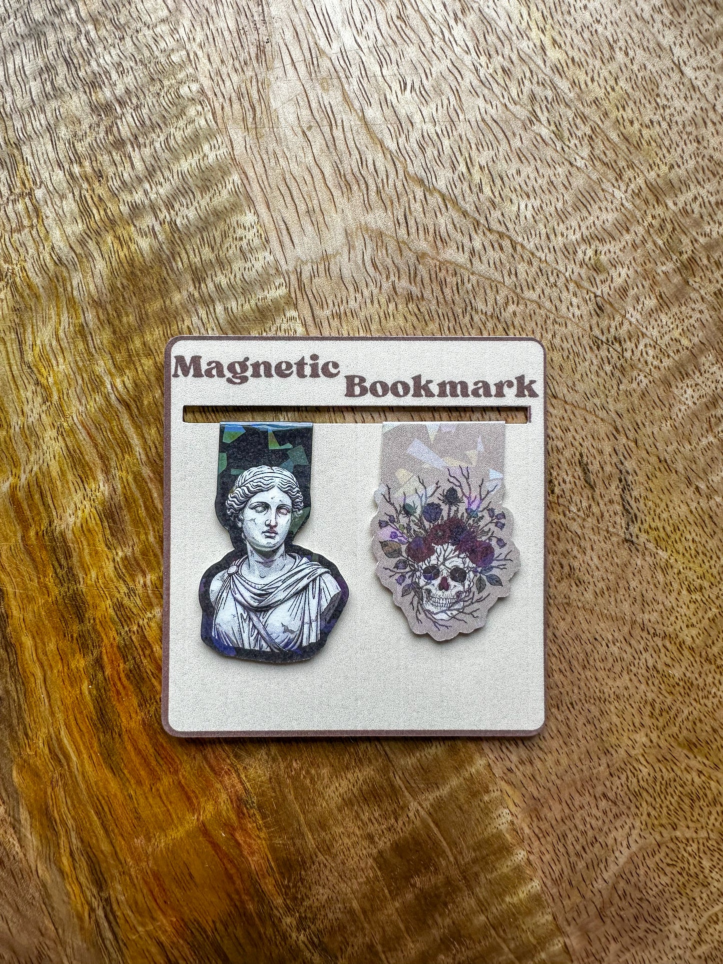 Dark Academia magnetic bookmark set on a wooden surface