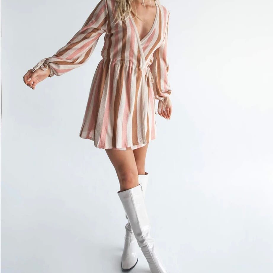 Princess Polly Long Sleeve Wrap Pink Brown Sparkly Dress Size XS/S