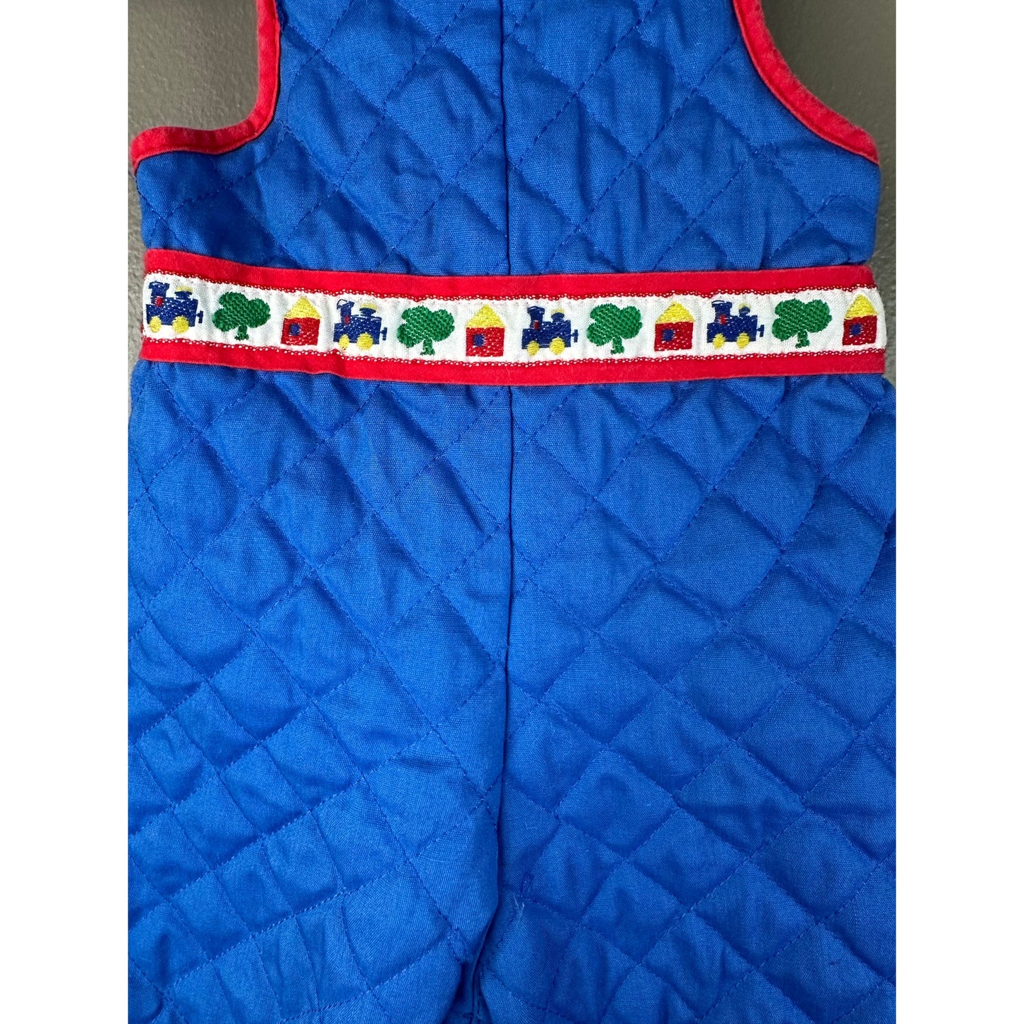Boy’s Vintage Blue Red Quilted Overall Bibs Butto Train Pants Size 0-6 Months