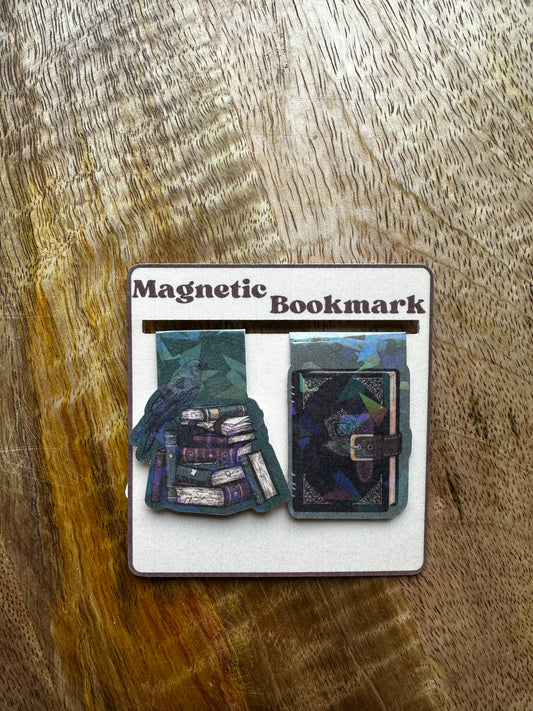 Dark academia magnetic bookmark set on a wooden surface