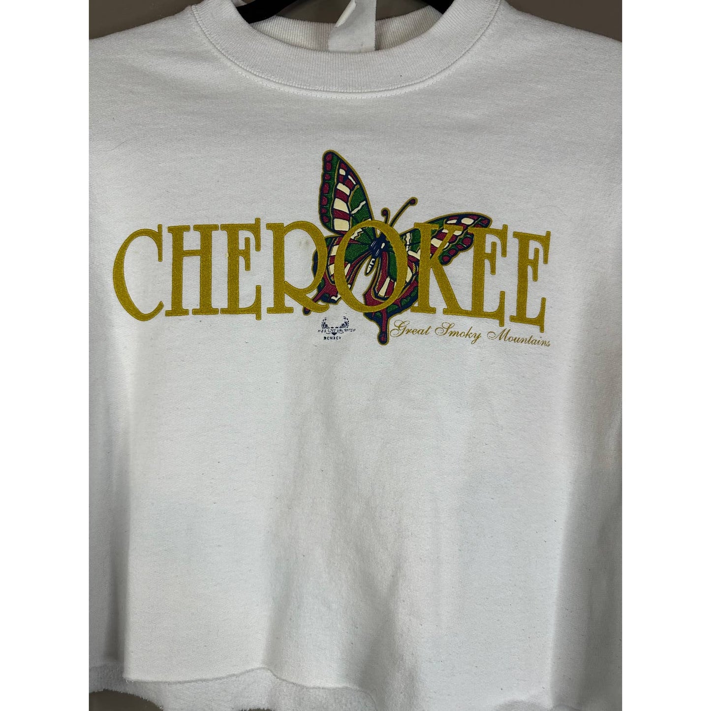 Vintage White Long Sleeve Cropped Sweatshirt Cherokee Mountains Size Small